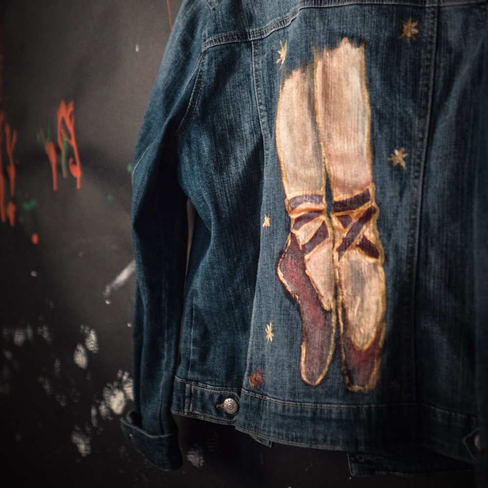 Dancer Hand Painted Upcycled Jean Jacket Ballet Shoes